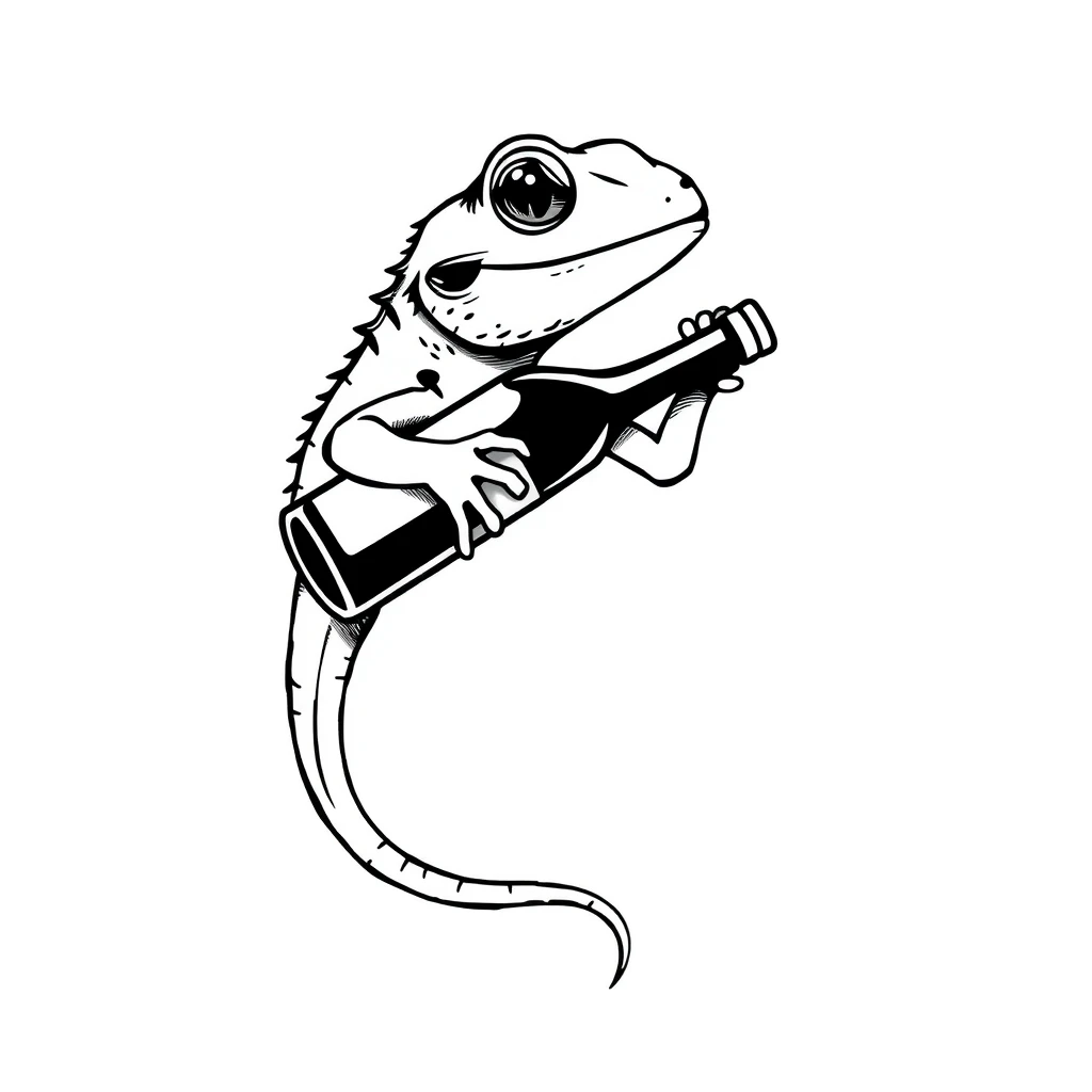 Tattoo of cute lizard holding wine, Minimalist, Black and white