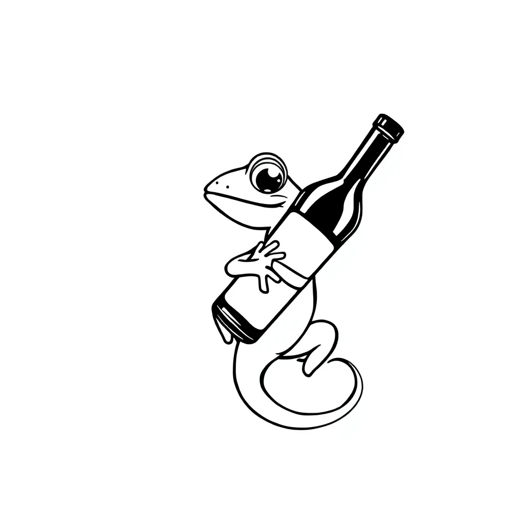 Tattoo of a cute lizard holding wine, Minimalist style, Black and white design