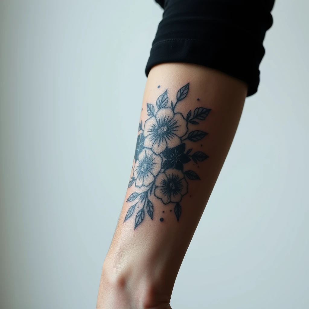 Geometric black and white summer flowers tattoo on men's arm