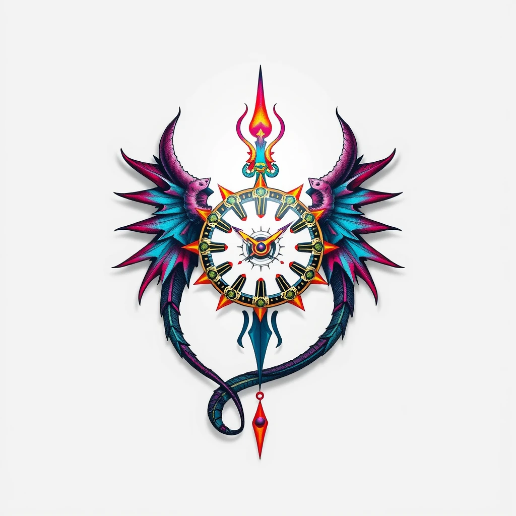 Colorful Chronos tattoo with wings and clock