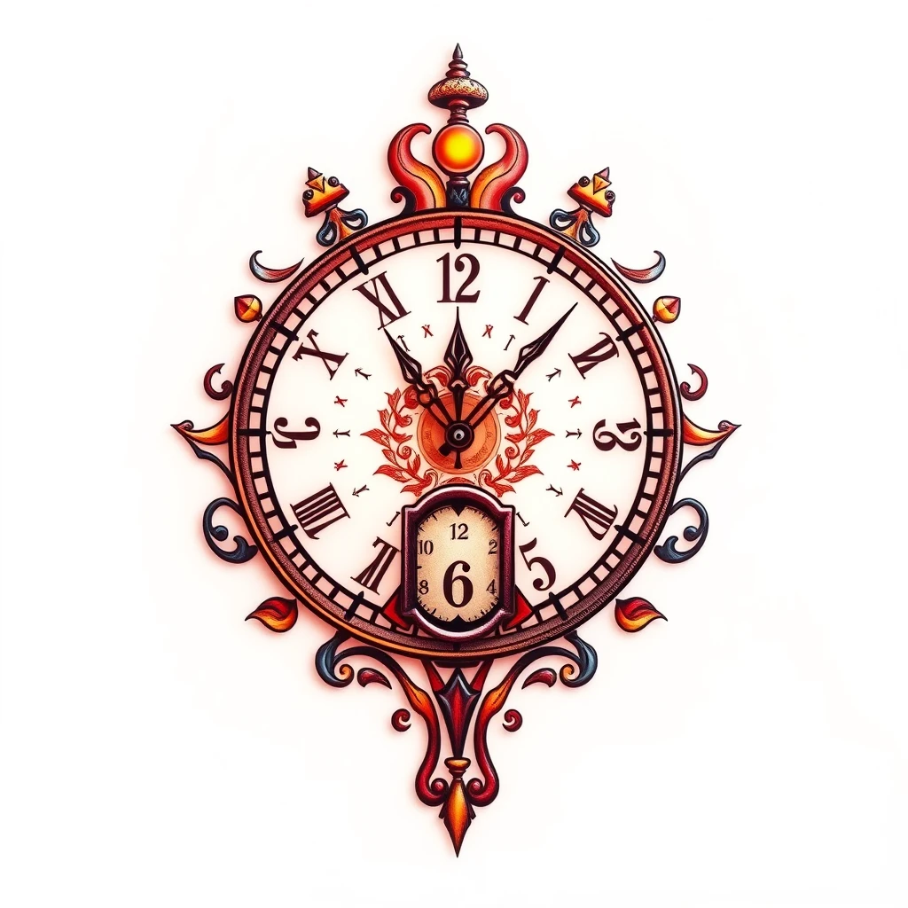 Intricate clock tattoo with vibrant details