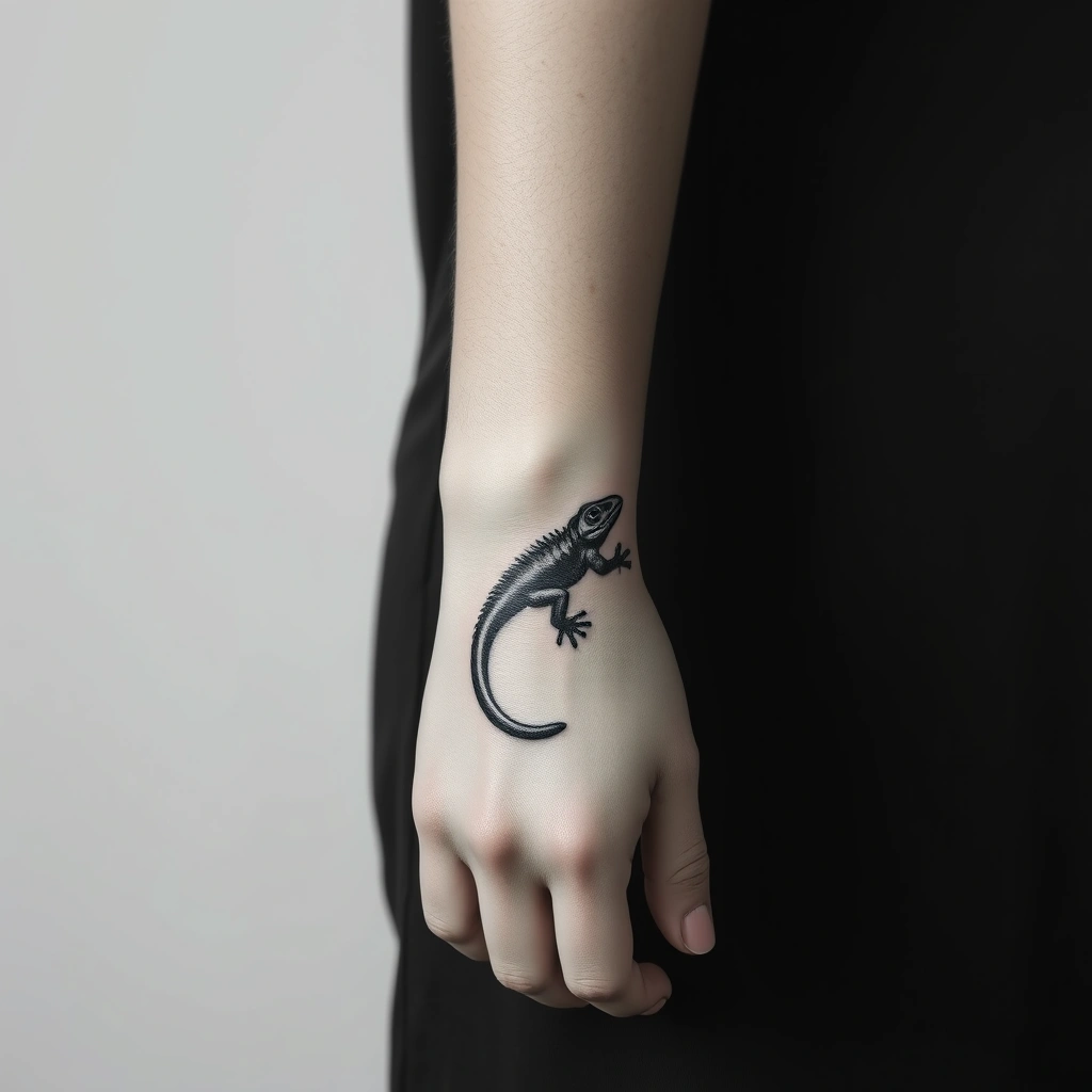 Tattoo of a lizard with gun on wrist, realistic black and white design for women.