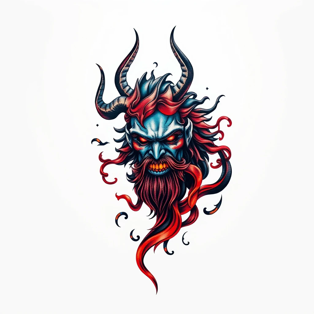 Vibrant Hades tattoo with horns and flames