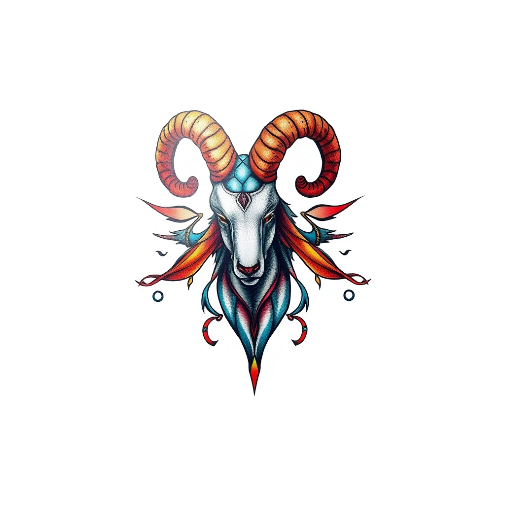 Colorful Aries tattoo featuring a ram design