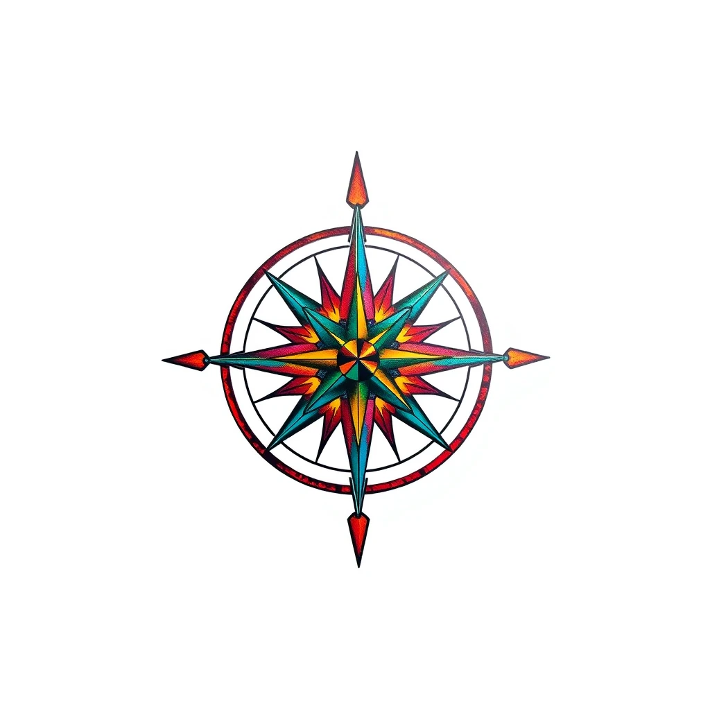 Vibrant compass rose tattoo with arrows