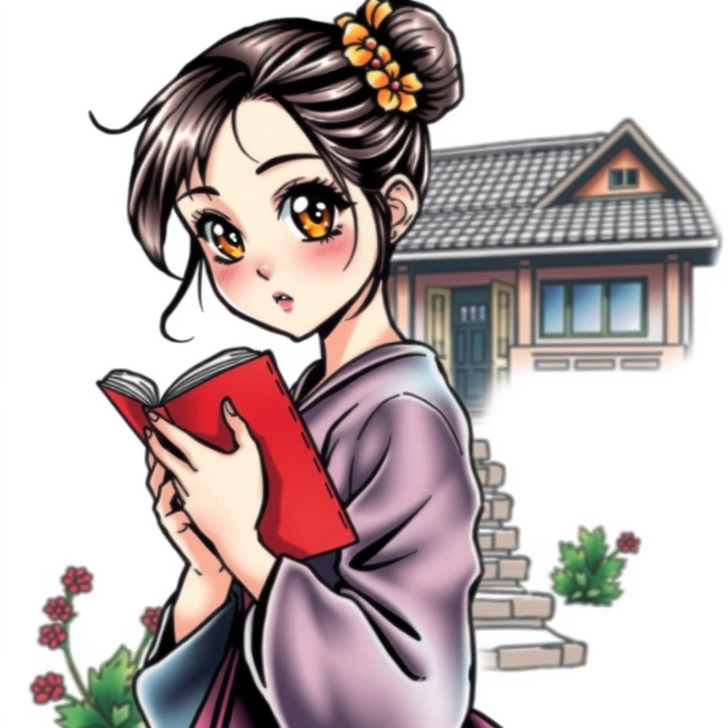 Colorful anime tattoo of woman holding book