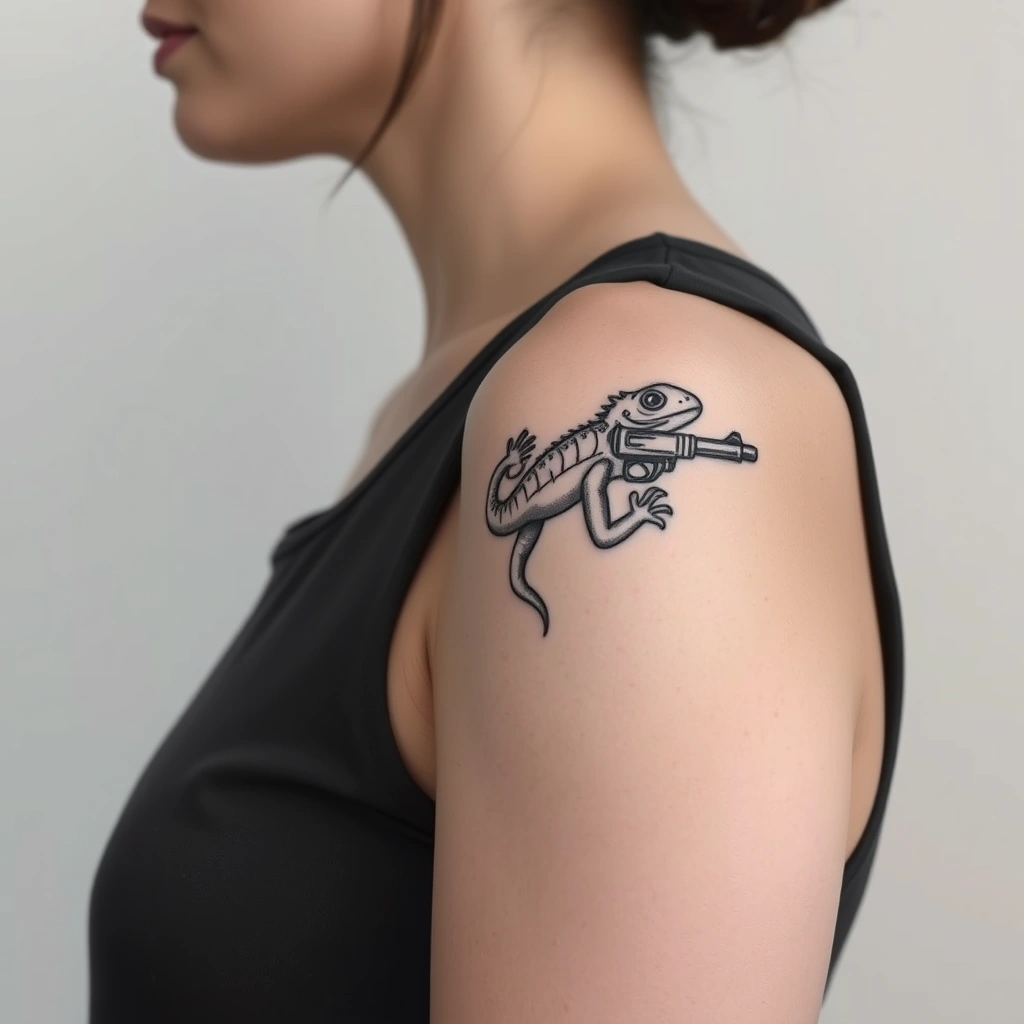 Black and white linework tattoo of lizard with gun on women's shoulder