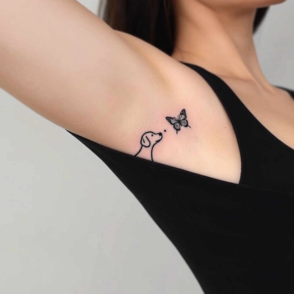 Minimalist black and white dog tattoo on women's armpit