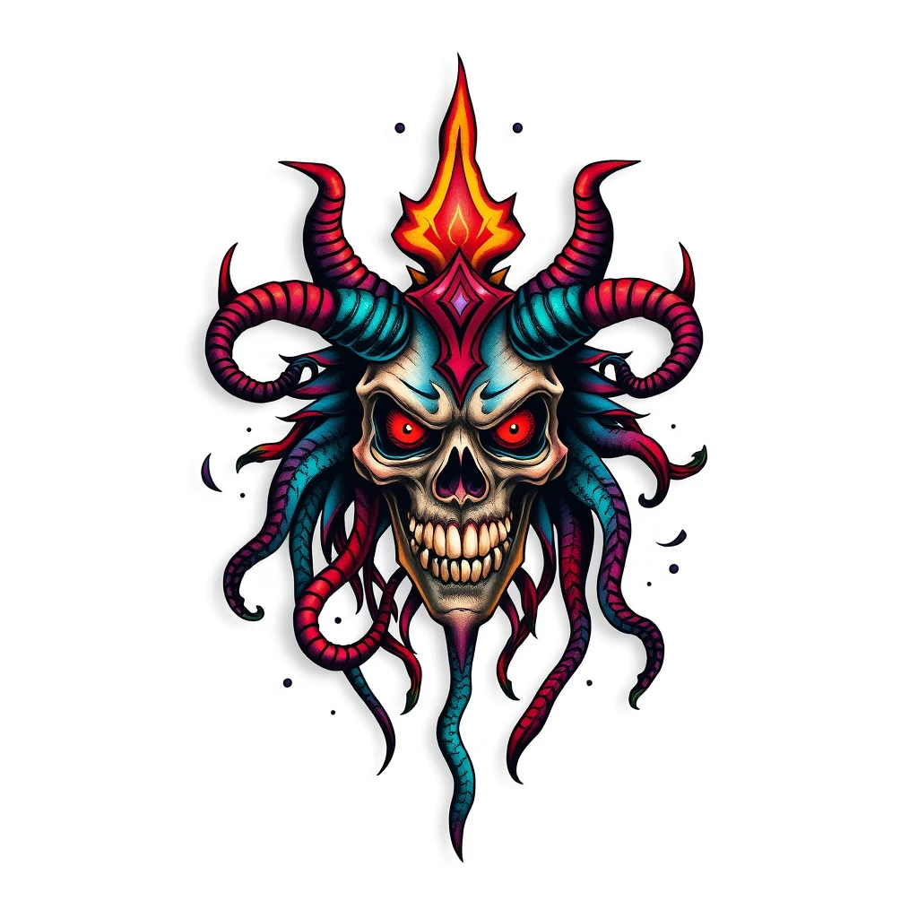 Colorful Delirium skull tattoo with horns