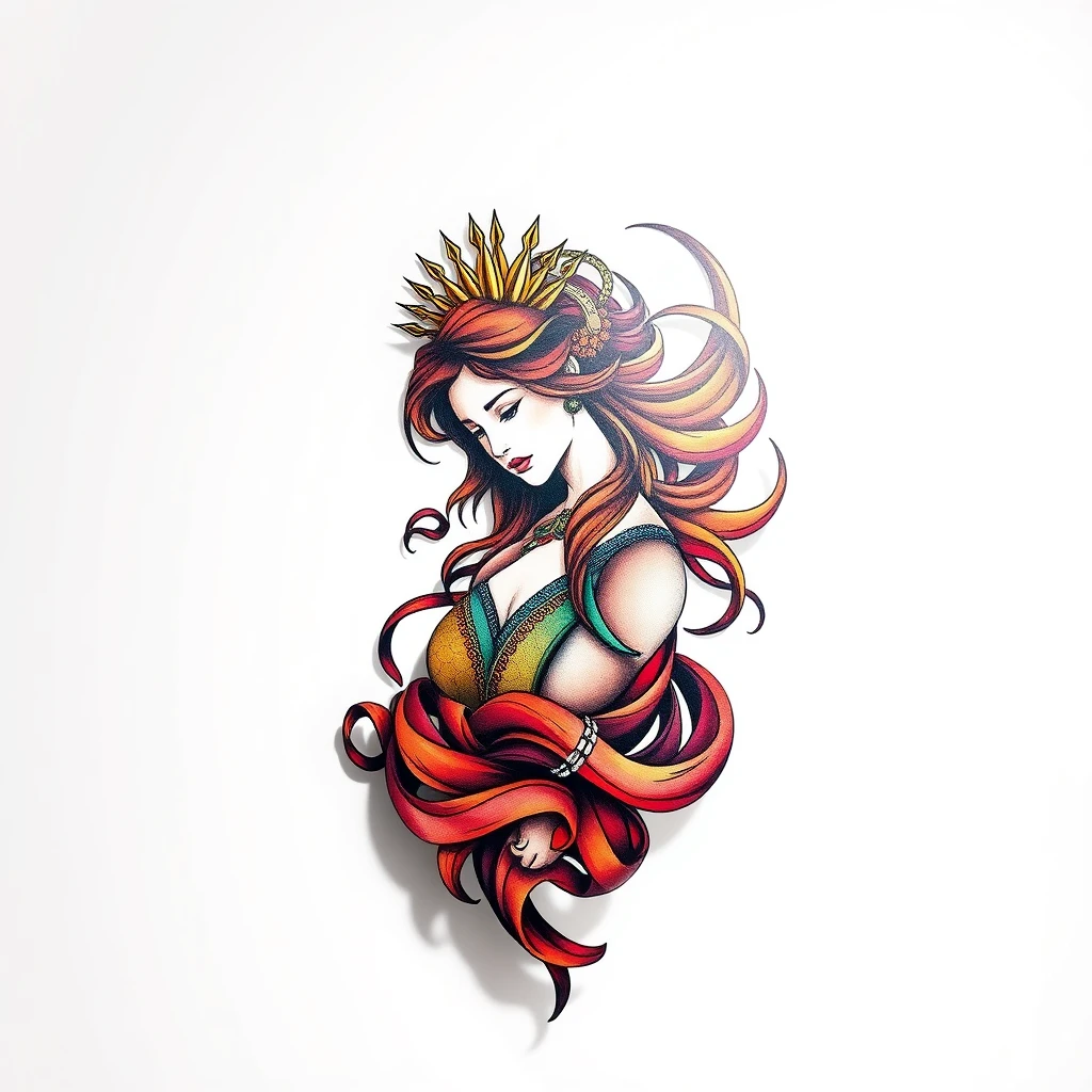 Colorful Muse tattoo featuring a crowned woman