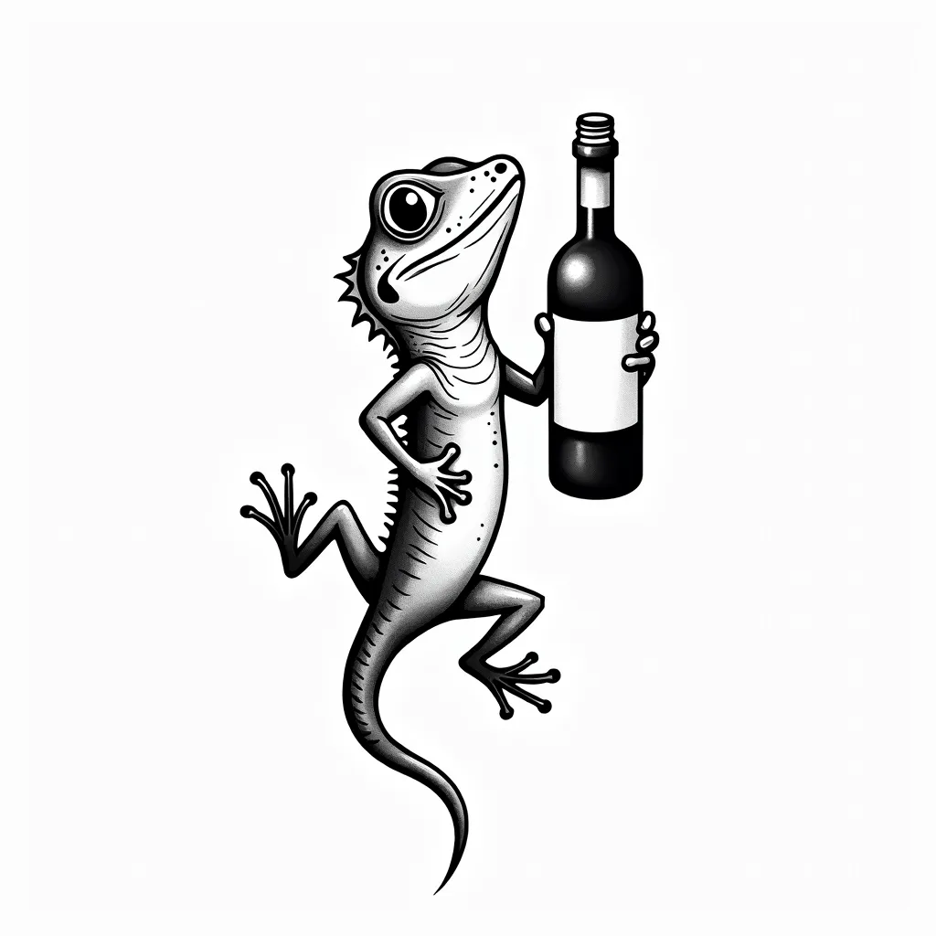 Tattoo of cute lizard holding wine, minimalist, black and white