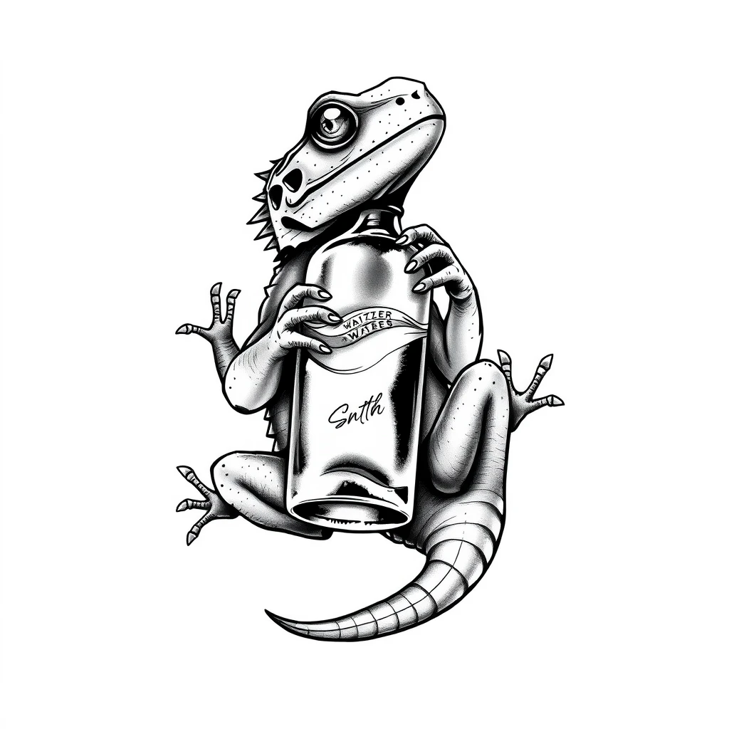 Tattoo of lizard holding water bottle, realistic