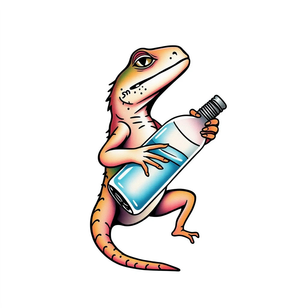 Tattoo of lizard holding water bottle, colorful minimalist design