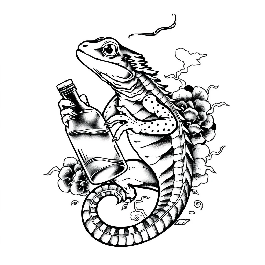 Tattoo of lizard holding water bottle, Japanese style, black and white