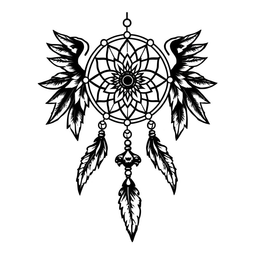 Tattoo design of Dream catcher, Traditional style, Black and white