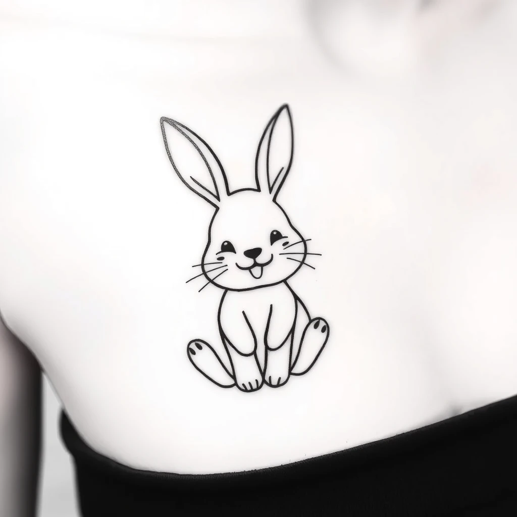 Tattoo of happy bunny, minimalist style, black and white