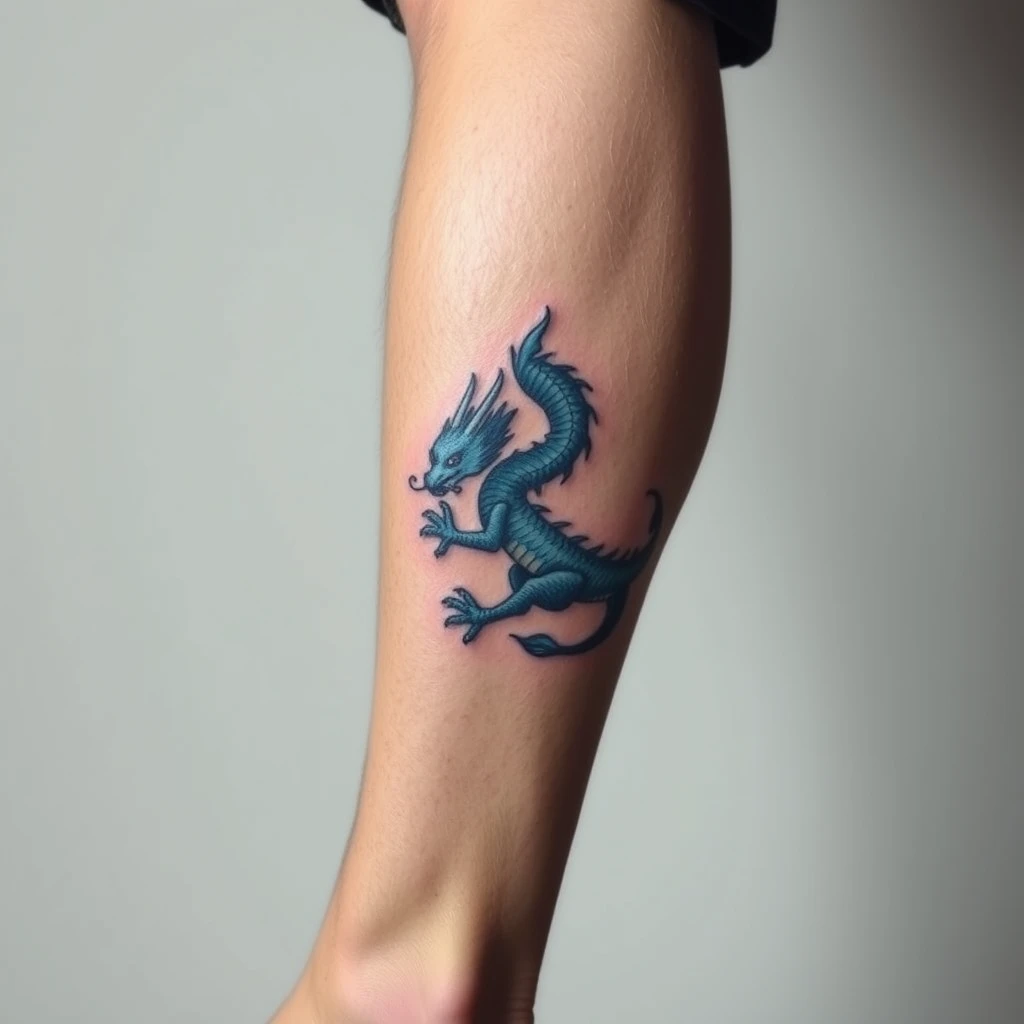 Colorful 3D blue dragon tattoo on calf