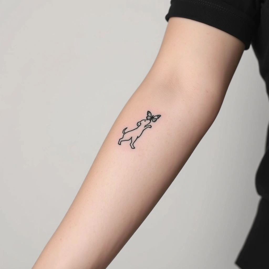 Tattoo of tiny dog looking at butterfly on women's arm, minimalist style in black and white.