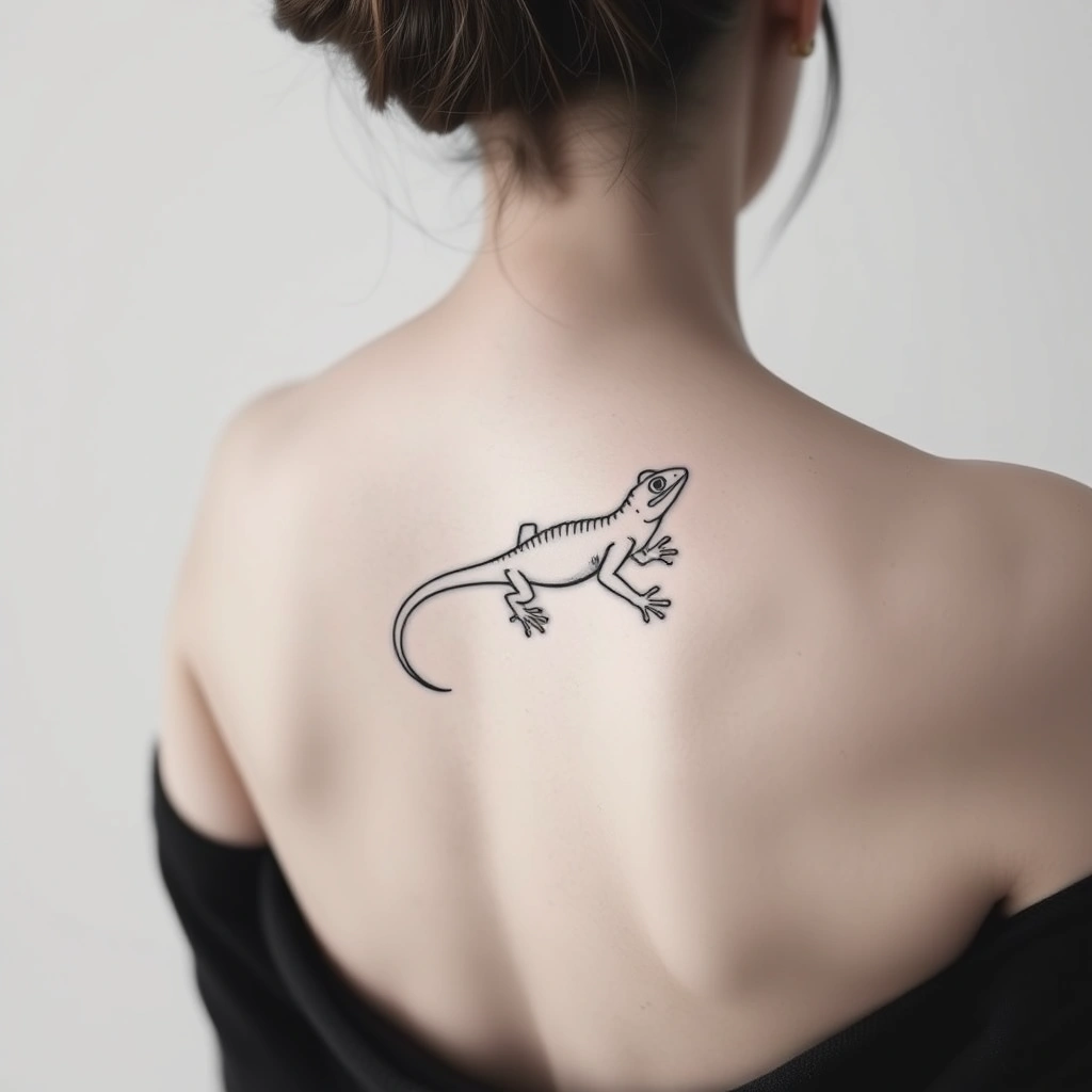 Tattoo of lizard in minimalist style on women's back, black and white design.