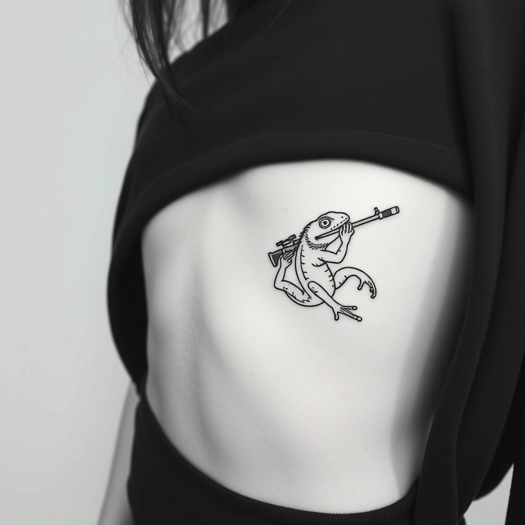 Tattoo of lizard with gun, Linework style, black and white, on women's Underboob