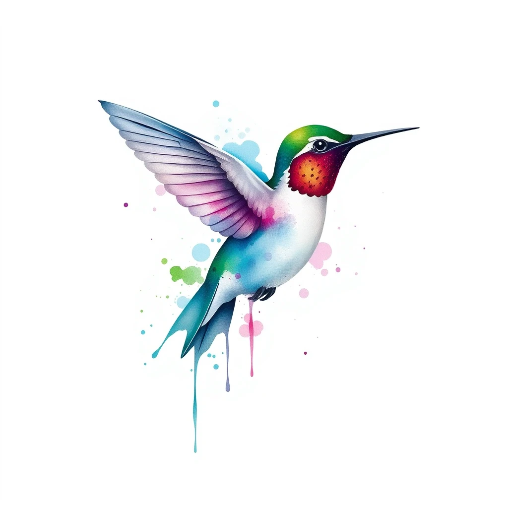 Colorful watercolor style hummingbird tattoo design.