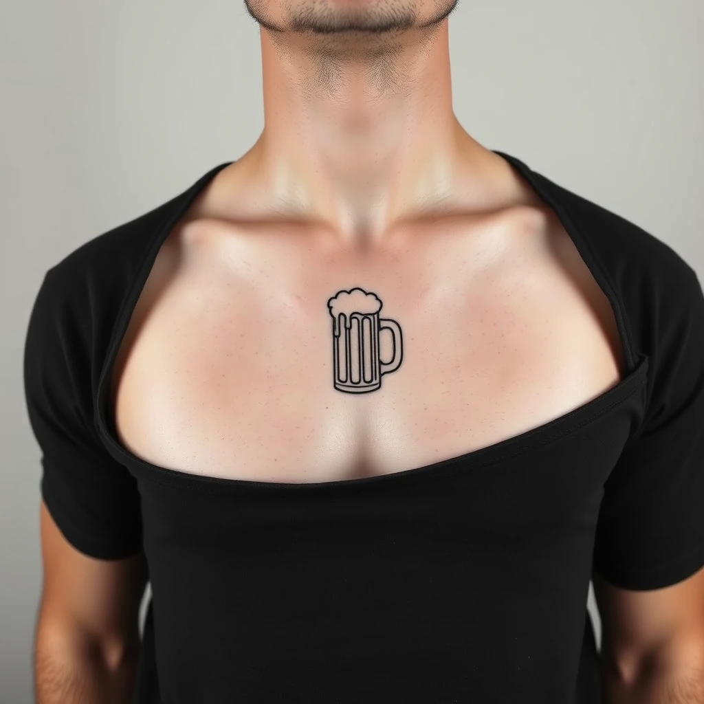 Minimalist black and white beer tattoo on men's chest