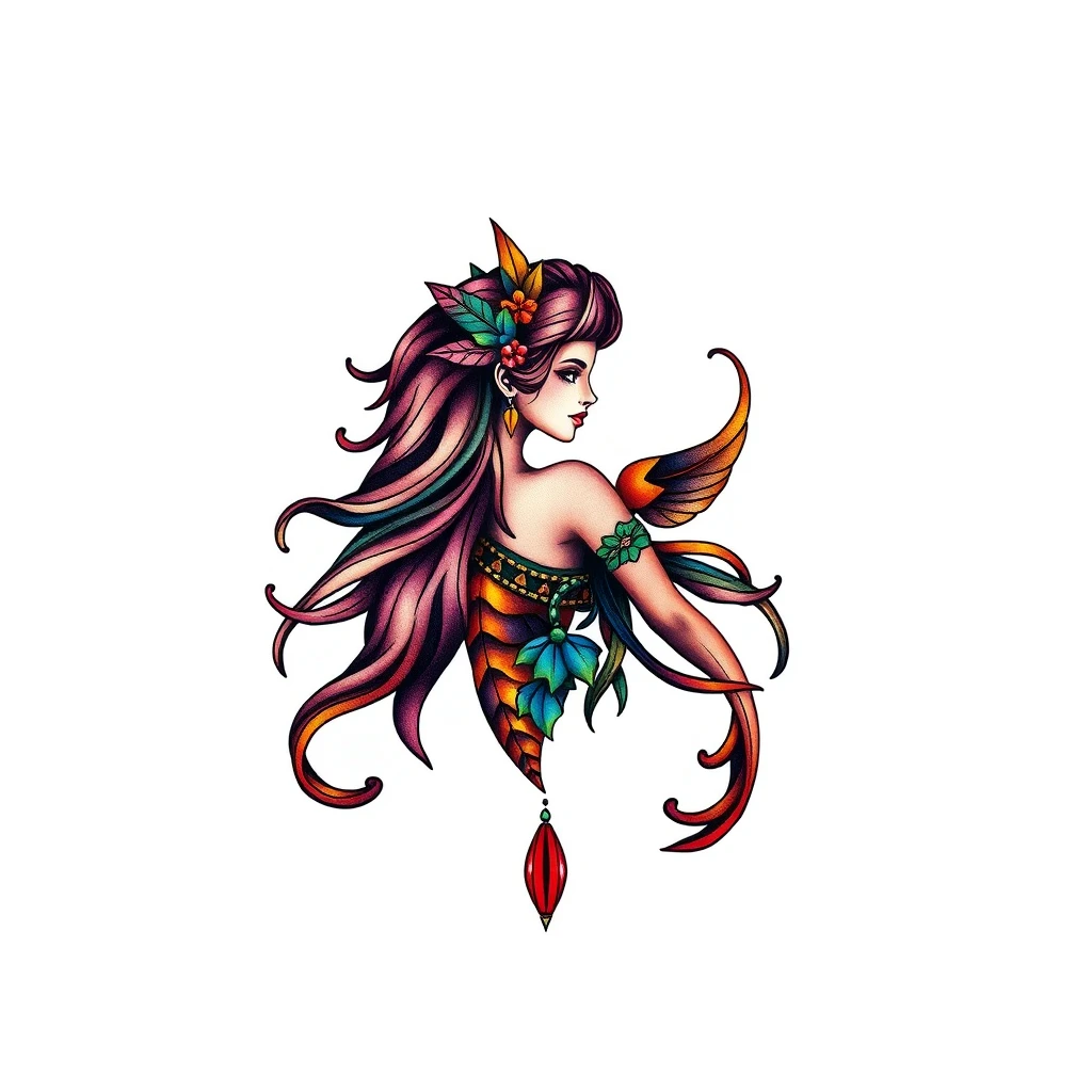 Colorful Carina tattoo featuring a graceful figure