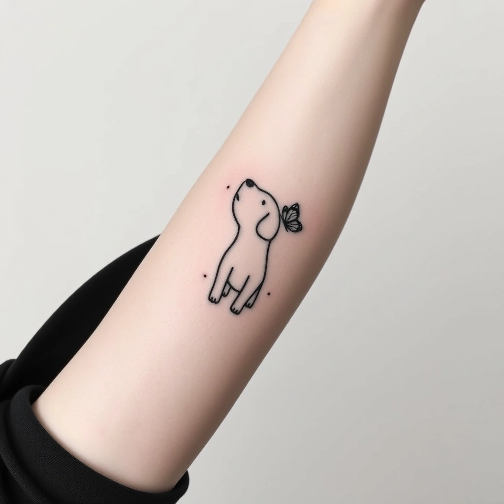 Tattoo of happy dog and butterfly, Minimalist, black and white, on Women's arm.