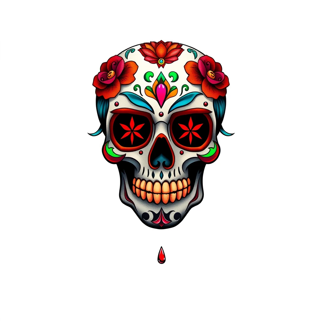 Colorful sugar skull tattoo with flowers