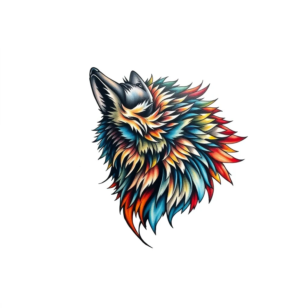 Vibrant wolf tattoo with colorful fur design