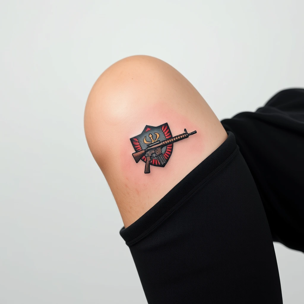 Colorful Soviet Army minimalist tattoo on men's shin