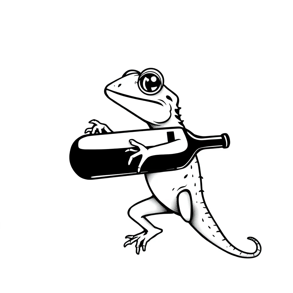 Tattoo of cute lizard holding wine, minimalist, black and white