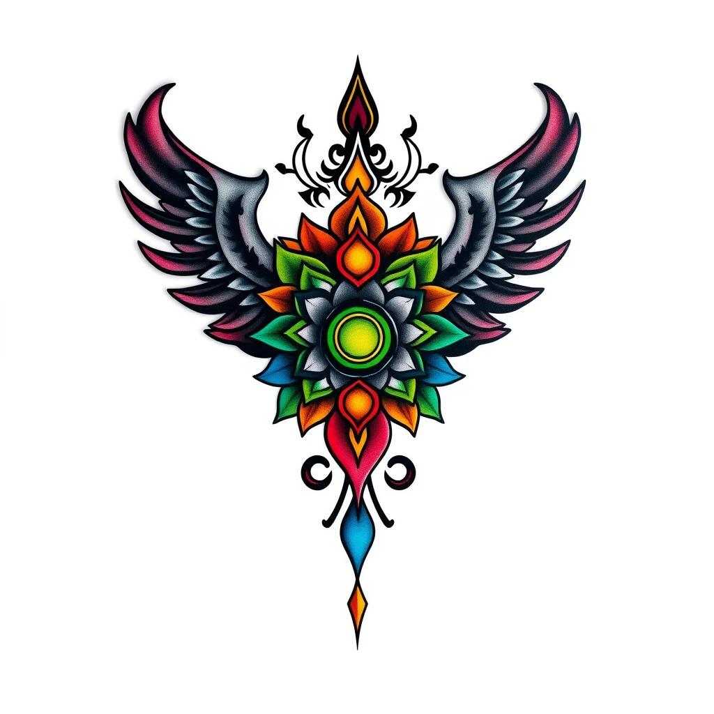 Colorful Chakra tattoo featuring wings and symbols.