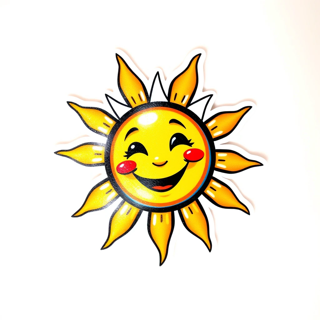 Sticker style tattoo of a smiling sun