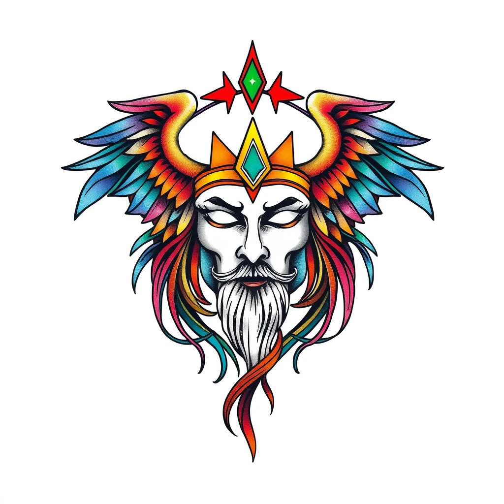 Odyssey tattoo featuring a colorful warrior face